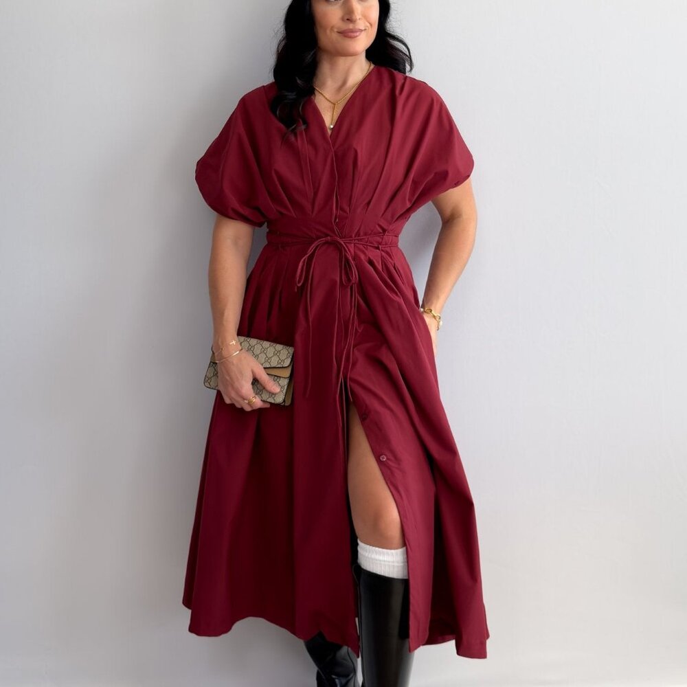 Women's Burgundy Tie-Waist Midi Dress with Pockets